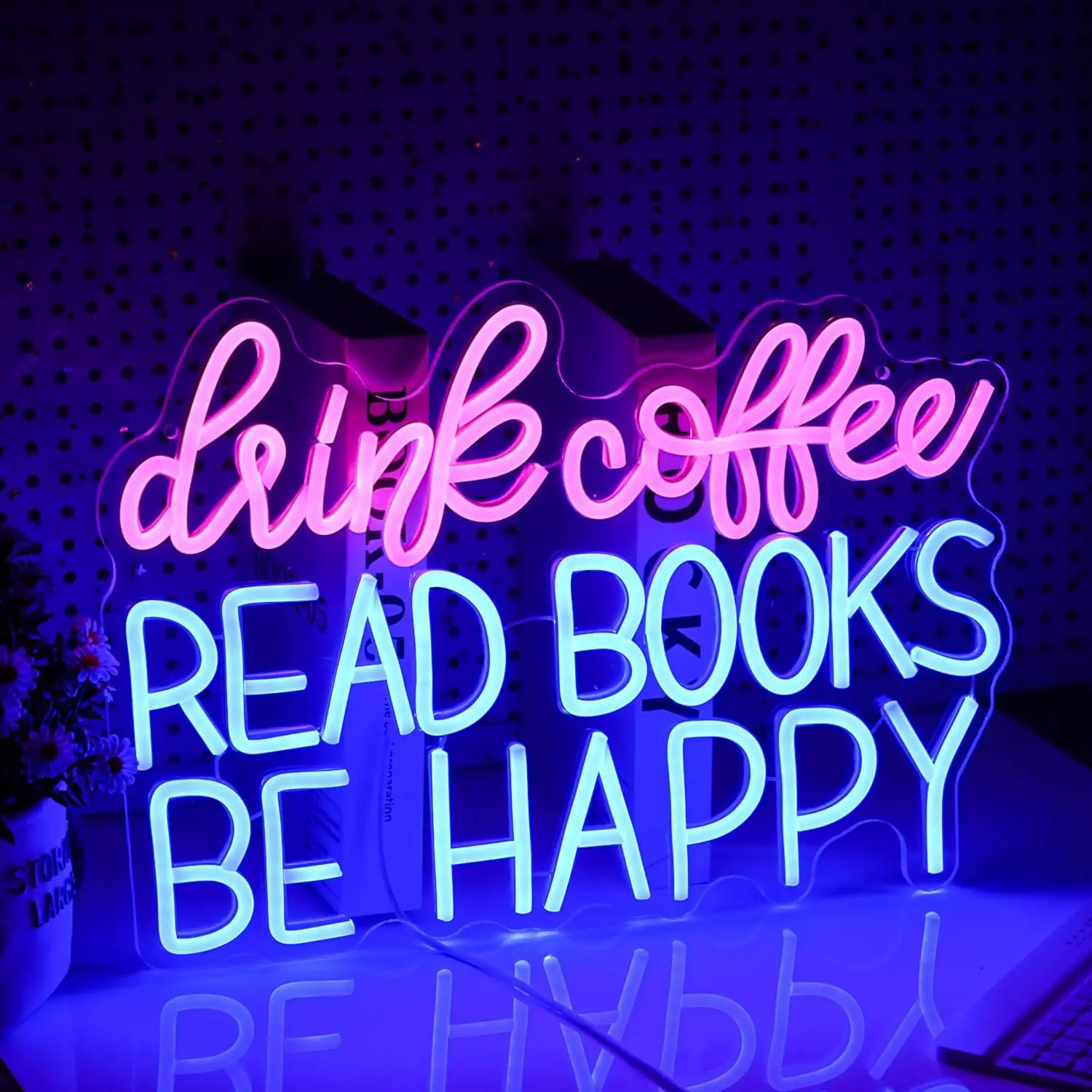 Drink Coffee Read Books Be Happy Neon Sign Led Read Books Light Wall Decor Neon Light for Classroom Coffee Shop Bookstore