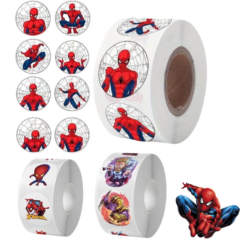 500 Post/roll Spiderman Anime Sticker Round Reward Kids Reward Sticker Anime Cartoon Seal Cute Kawaii Kids Toy Christmars gifts