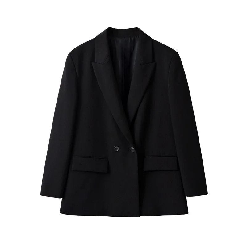 NINE ZAR Women's Pure Color Casual Long Sleeve Double-Breasted Loose Fit Double Button Suit Jacket Elegant Versatile Outerwear