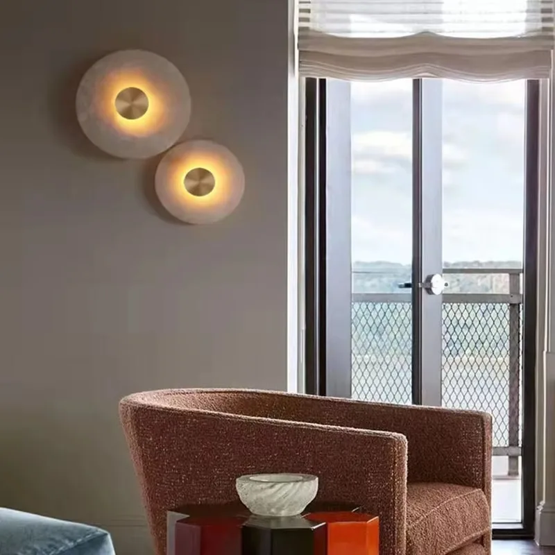 FashionableArt Deco Round LED Wall Sconce Natural Marble Brass Parlor Aisle Corridor Wall Lights Atmosphere Decoration Lamp Dr