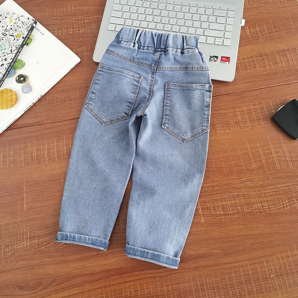 IENENS 2026 Girls Straight Jeans Children Denim Pants Chrysanthemum Embroidery Trousers For 1-6 Years