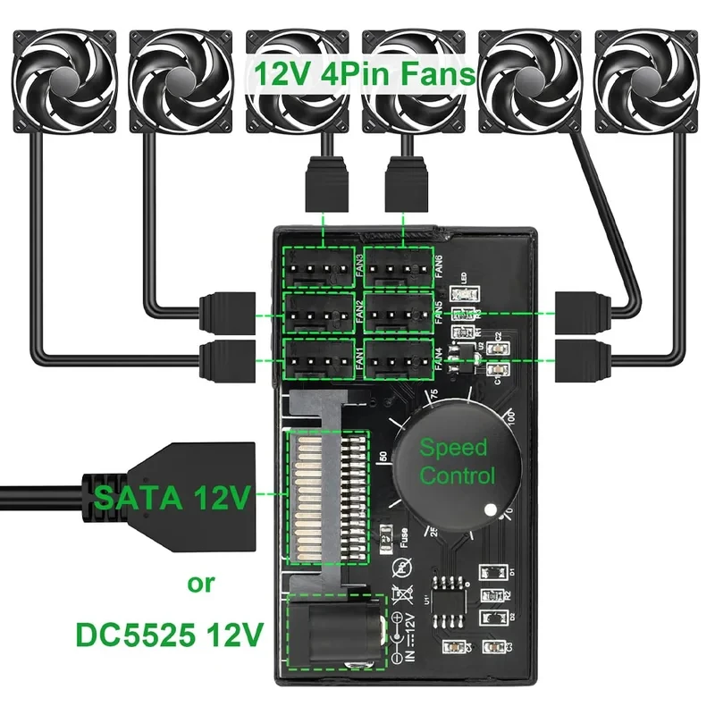 1-to-6/1-to-4 4-pin 12V PWM fan controller PC fan adapter hub 60W 5A controller SATA power supply fan controller