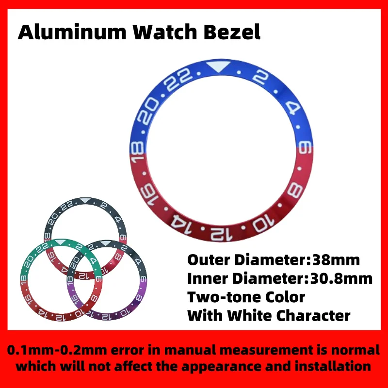 38mm*30.8mm Aluminum Ring Two-tone color with white character Arabic GMT Watch Bezel Insert For Men's Watch Cases