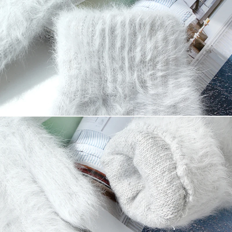 Soft Rabbit Fur Gloves Winter Warm Thicken Wool Fingerless Gloves Solid Color All Fingers Mittens Knitted Plush Gloves For Women