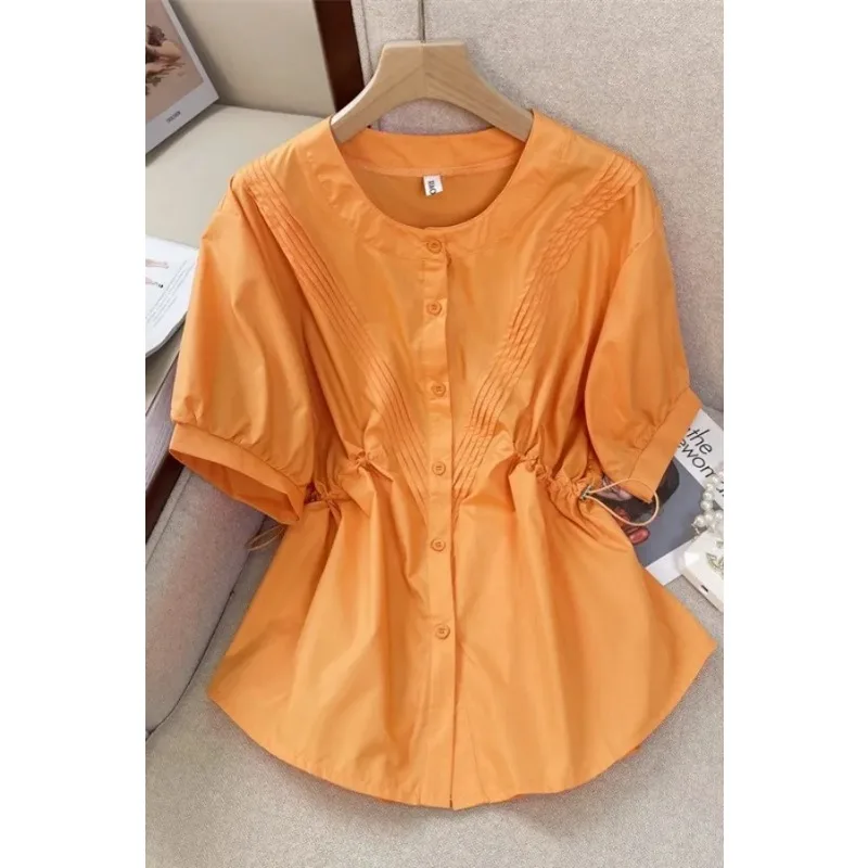 

Women's Round Neck Puff Sleeve Drawstring Waist Blouse with Pleated Details Casual Summer Top