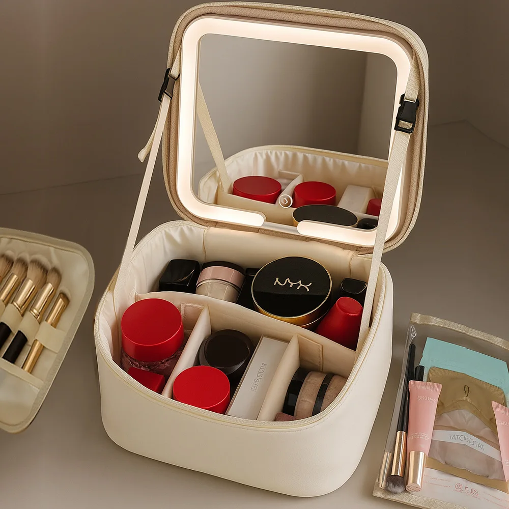 Makeup Bag With LED Mirror Large Capacity Travel Portable With Toilet Storage Bag and Mirror Women's Makeup Bag Organizer