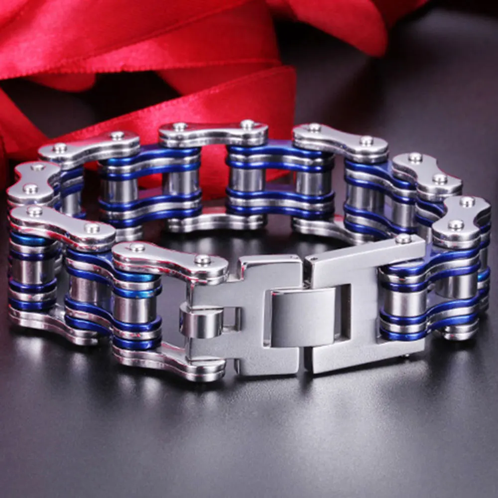 الأزرق رجل أساور الوزن، فاسق السائق دراجة نارية سلسلة ربط أساور للرجال الفولاذ المقاوم للصدأ الفضة والمجوهرات بالجملة #2