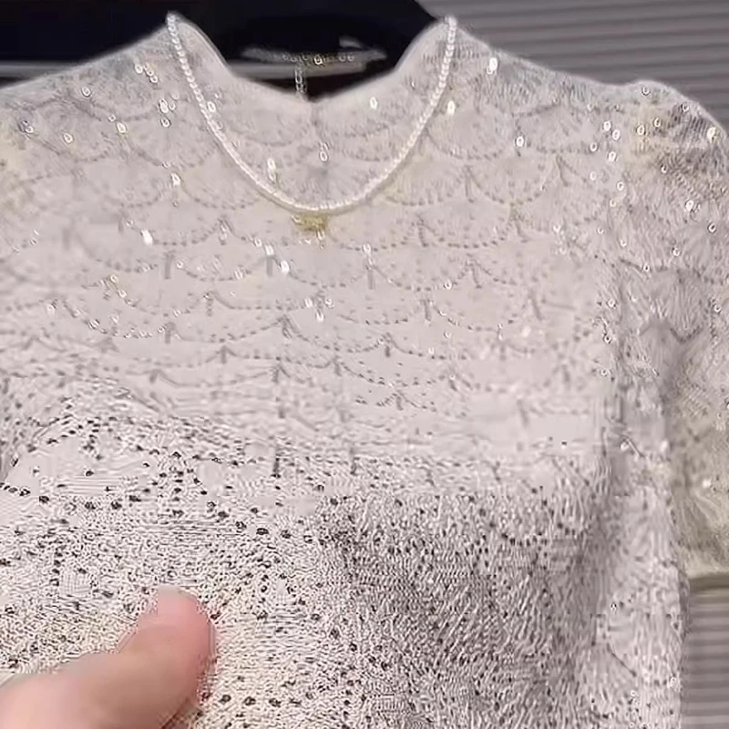 

Новинка 2023 года, летняя женская роскошная трикотажная рубашка с блестками и длинными рукавами, бежевый топ, женские блестящие блестящие топы, рубашки