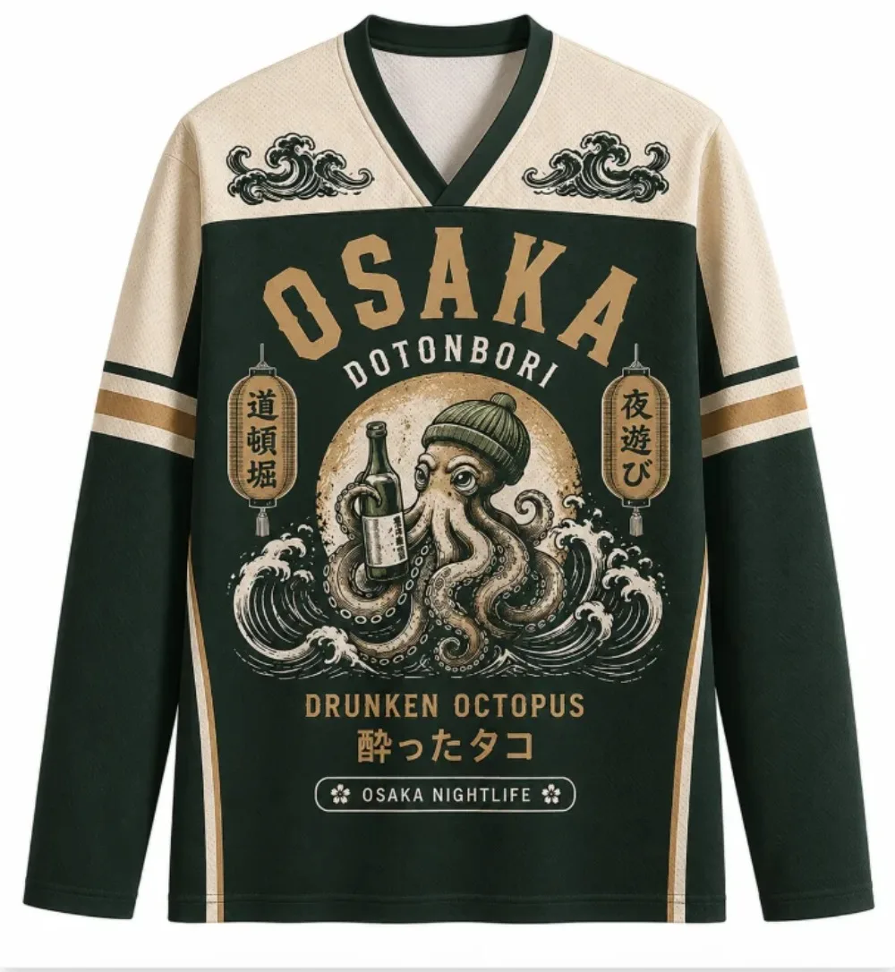 2026Japanese-style Octopus Pattern 3D Print Long-sleeved T-shirt with V-neck Both Men Women Street Punk Style Outdoor Casual Top