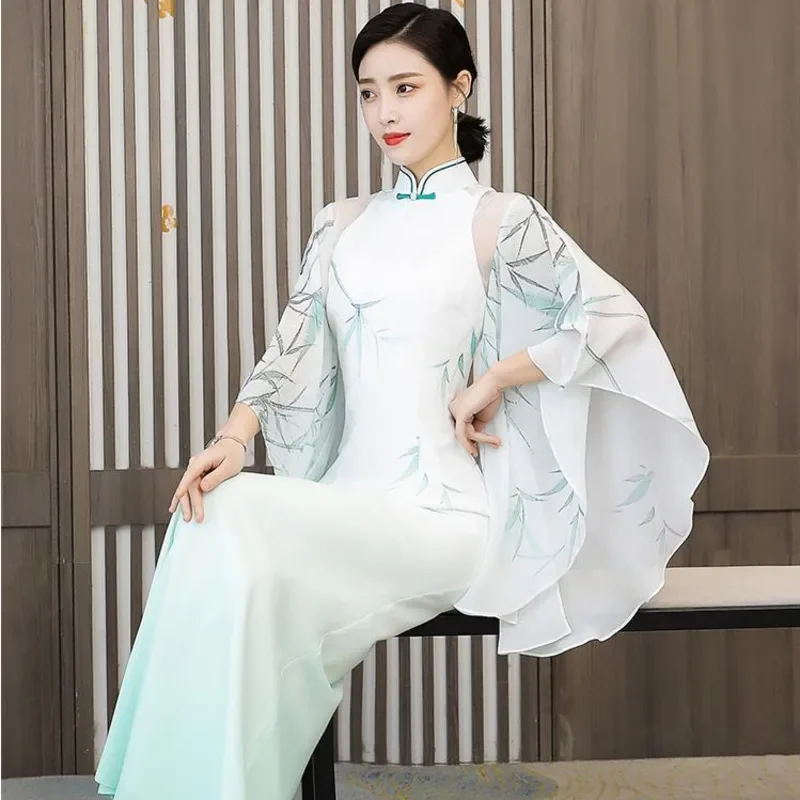 Spring China Dress Banquet Clothing Traditional Elegant Women Green Chinese Style Cheongsam Ao Dai Vintage Hanfu Slim Long Qipao