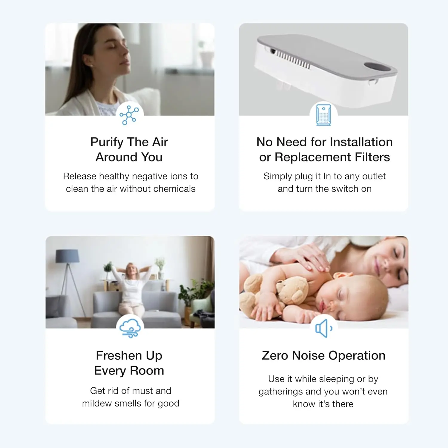 เครื่องฟอกอากาศแบบเสียบปลั๊กพร้อมเทคโนโลยีประจุลบ ดีไซน์กะทัดรัดไร้ไส้กรองเพื่อลดสารก่อภูมิแพ้และกลิ่นในห้องต่างๆ ในบ้าน