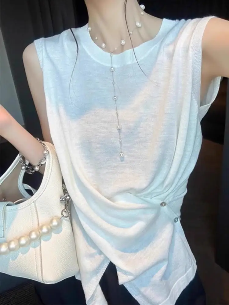 

Aesthetic Summer Sleeveless T Shirt Women Lightweight Ice Silk Knit Vest Unique Irregular Design For Casual Outerwear