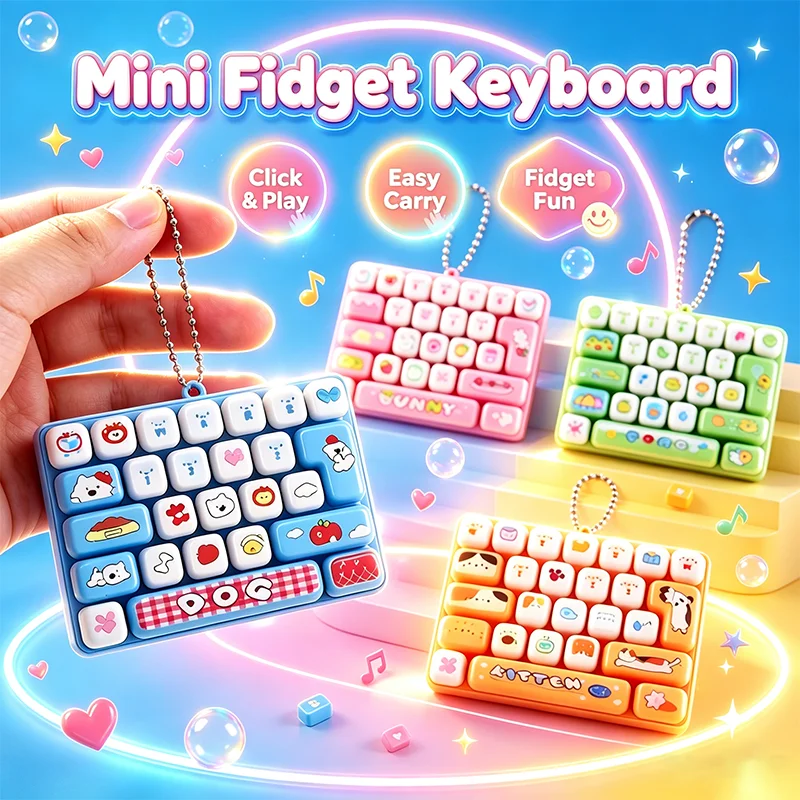 Mini 26 Keyboard Fidget Toy Keychain Portable Cartoon Styles Pressable Button Clicker Sensory Stress Relief Backpack Hanger Gift