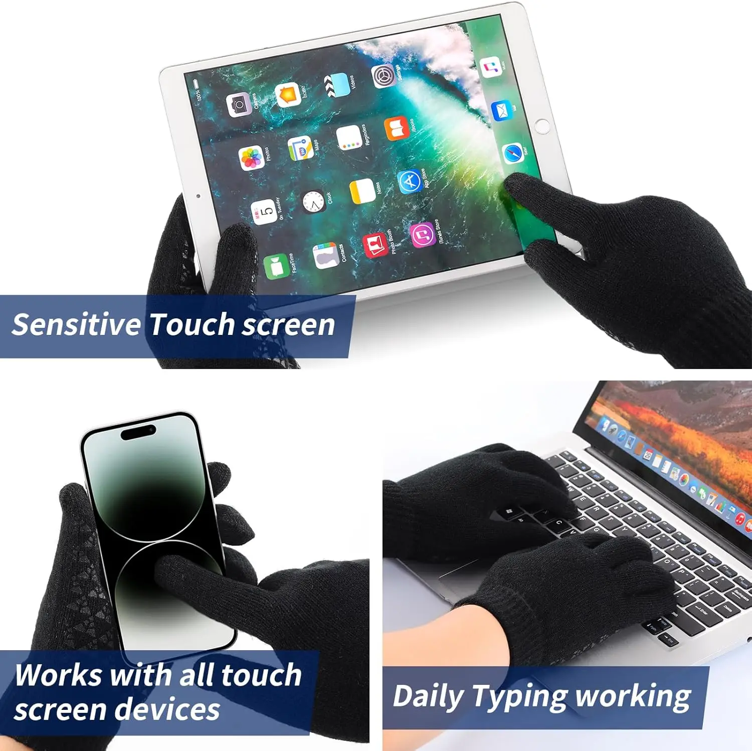 Winter gloves, men\'s gloves black heated non-slip touch screen with hot soft knit for running, driving and hiking