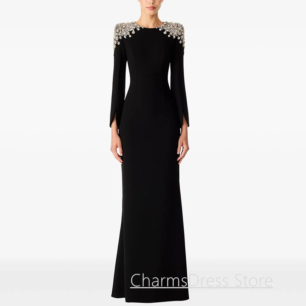

Arab Evening Dress Customized Round Neck Full Sleeves Beading Pearls Saudi Arabian Black Party Gown LLady Prom Dresses