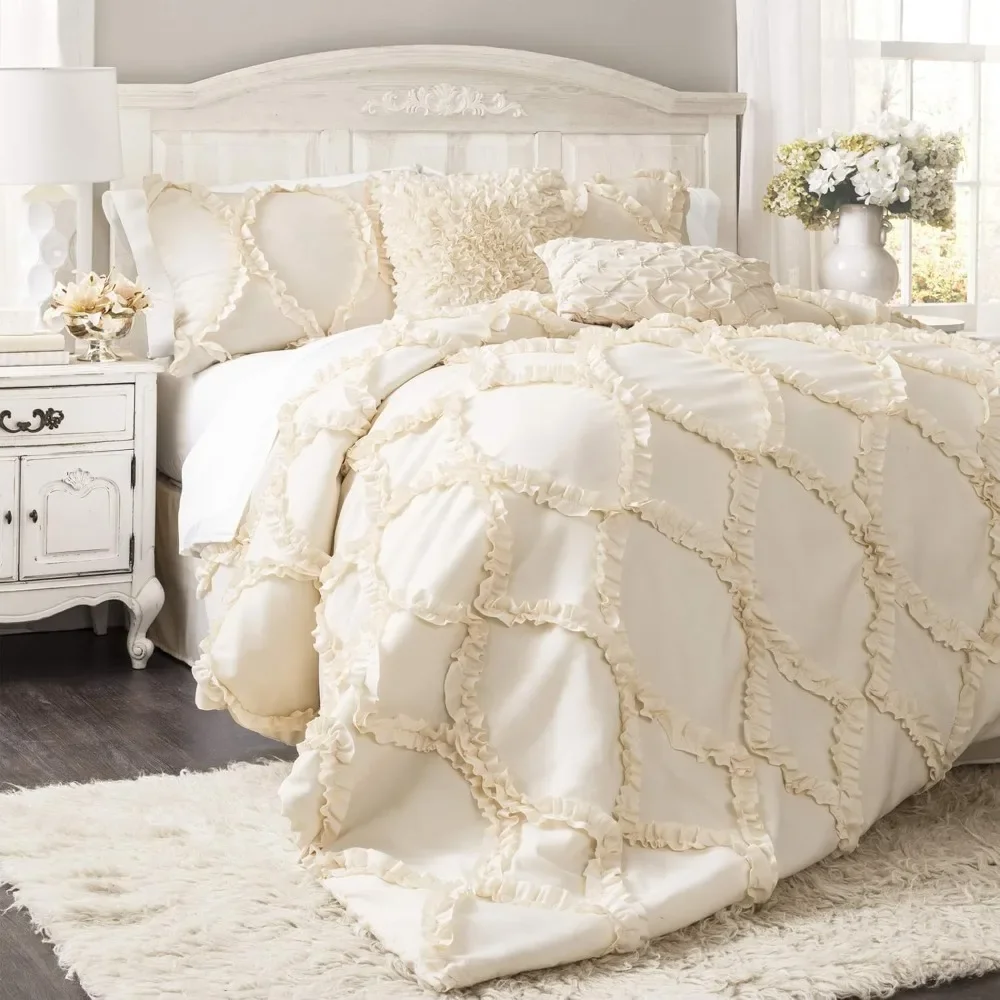 

Comforter Set, 3 Piece Set, Ivory - Romantic Farmhouse Bedding Set - Elegant Ruffle Bedding - Soft Textured