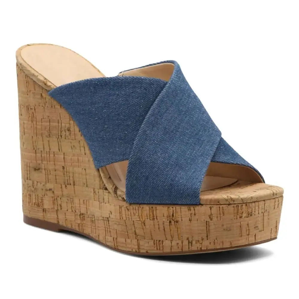 2025 Elegant Stylish comfortable retro round head spring and summer denim Imitation woodden grain Slingback Wedge