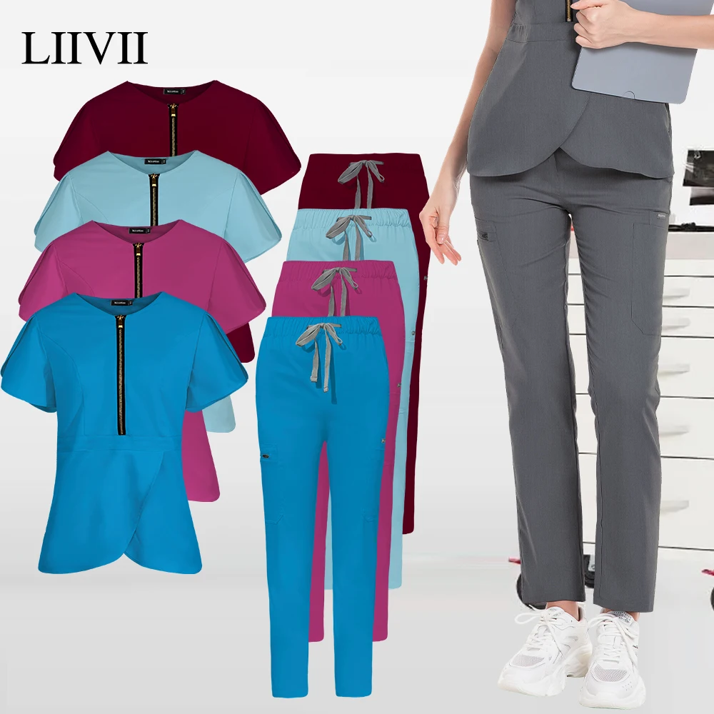 

High Medical Scrubs Uniforms Women Beautician Dentist Work Wear Nurse Scrub Set Pocket Top+Pants Operating Room Nursing Clothes