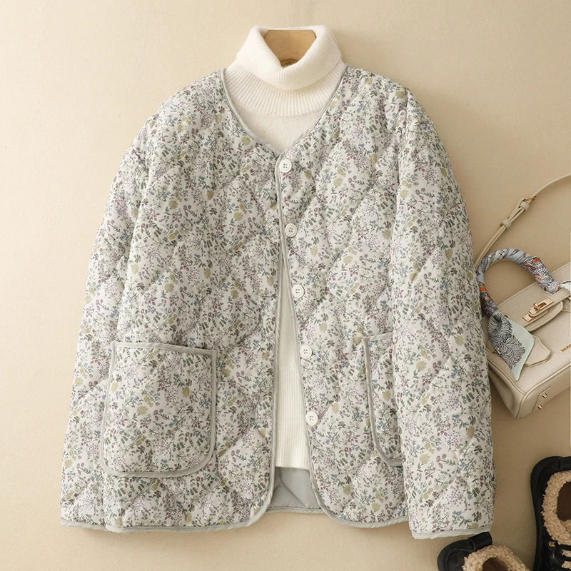 

Winter Thiened Lightweight Cotton Jaet Single Button Warmth Floral Print Casual Sli round Ne Long Sve Coat