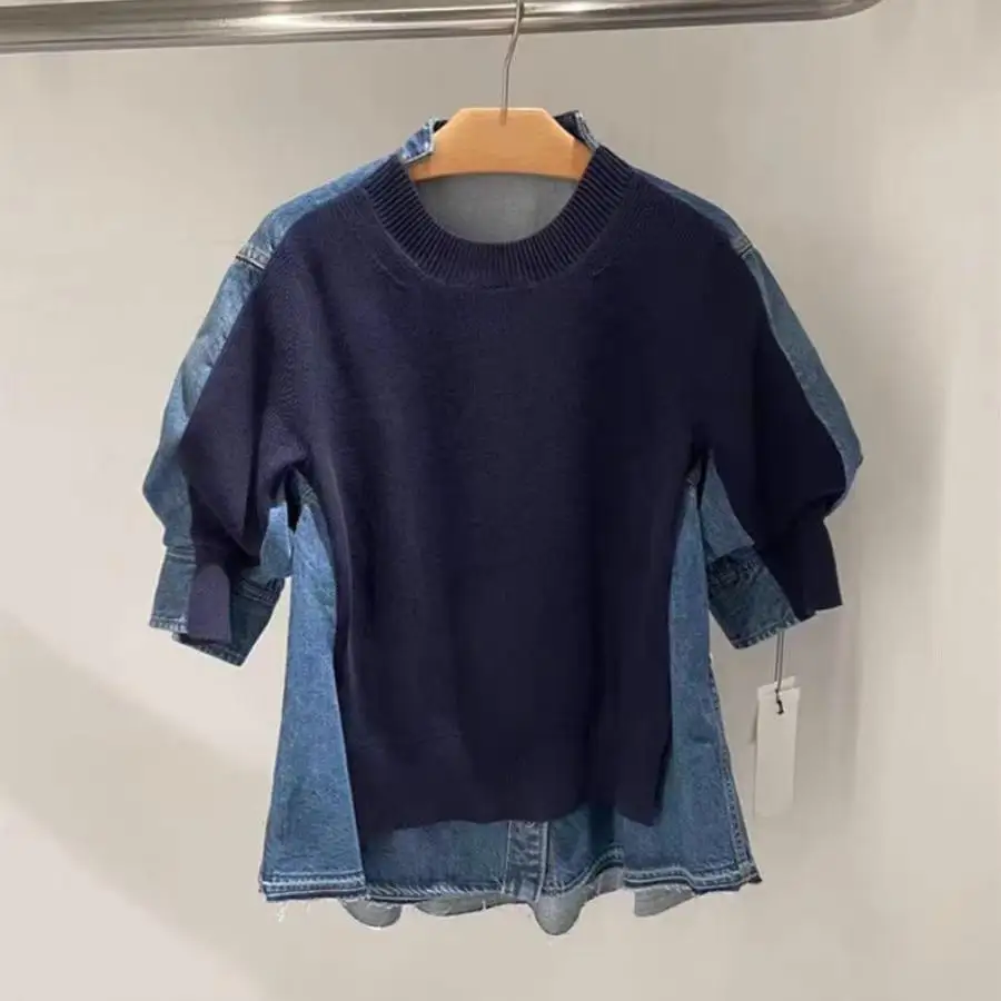 FOG SACAI Japanse Sle Lente Zomer Nieuwe Splicing Denim Overhead irt ort Sve Bubble Sve Design Sense Gebreide Trui