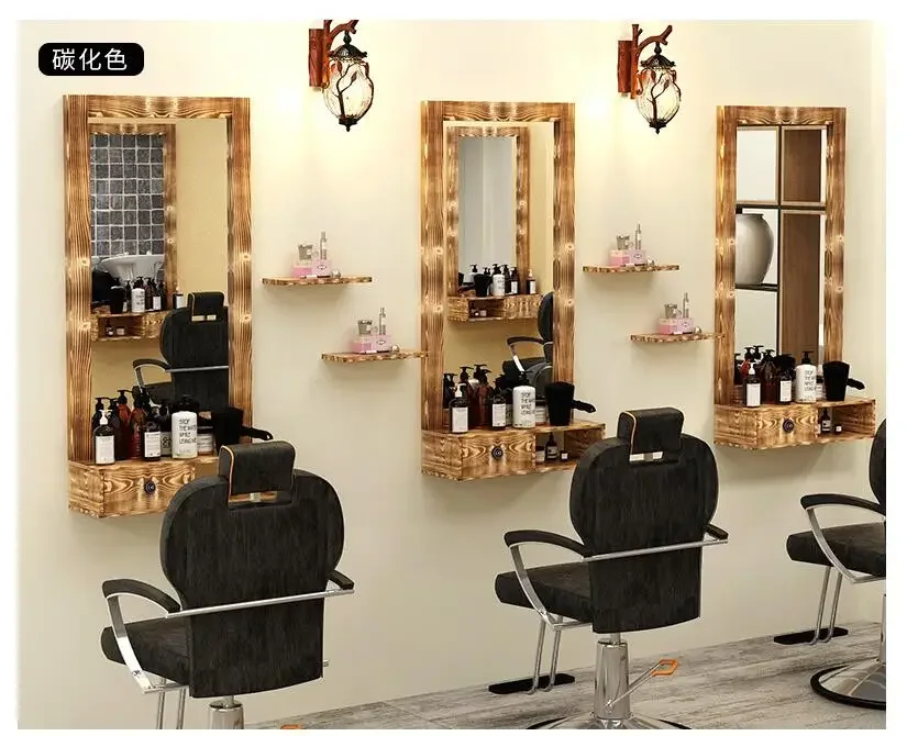 Barber dressing table mirror solid wood retro  single side low clearance wall hanging hair salon special