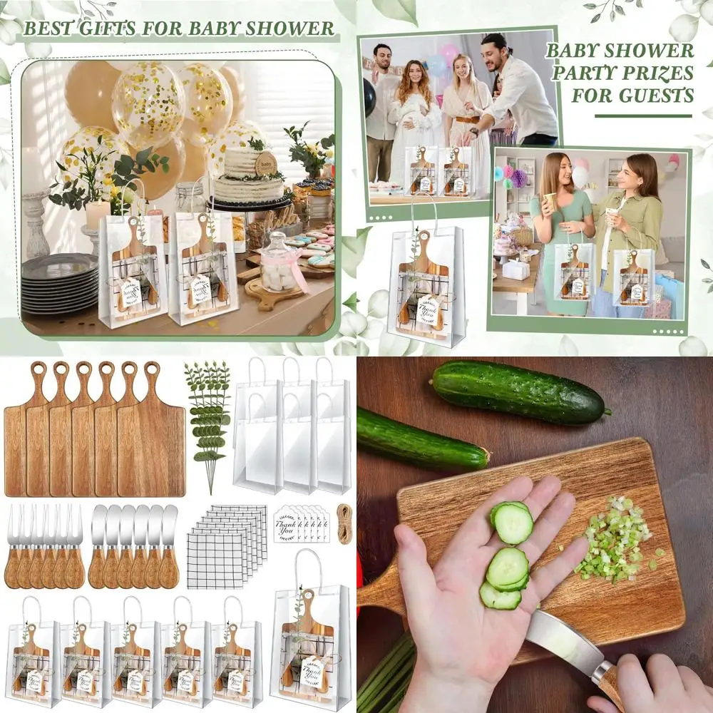 

Baby Shower Game Prizes Set: 6 Acacia Wood Cheese Boards with Oak Cutlery, Eucalyptus Stems, and Tags for Party Favors