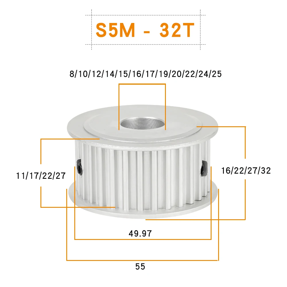 S5M 32T Synchronous Belt Pulley 11/17/22/27mm Width Belt Pulley Bore 8/10/12/14/15/16/17/19/20mm 5mm Pitch STD5M Timing Belt