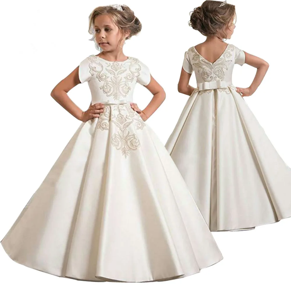 

Beautiful Gold Embroidery Kids Flower Girl Dresses For Wedding O Neckline Elegant First Holy Communion Kids Ball Gown