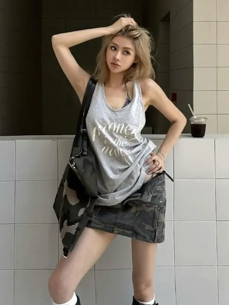 

American retro spicy girl street camisole summer letter printed gray sleeveless loose spicy girl top y2k