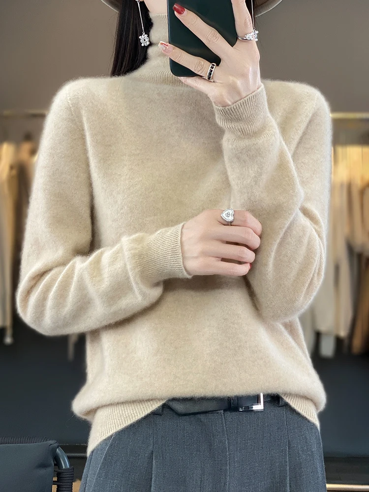 

Autumn Winter Women 100% Pure Merino Wool Sweater First Line Seamless Turtleneck Pullover Basic Casual Cashmere Solid colour Top