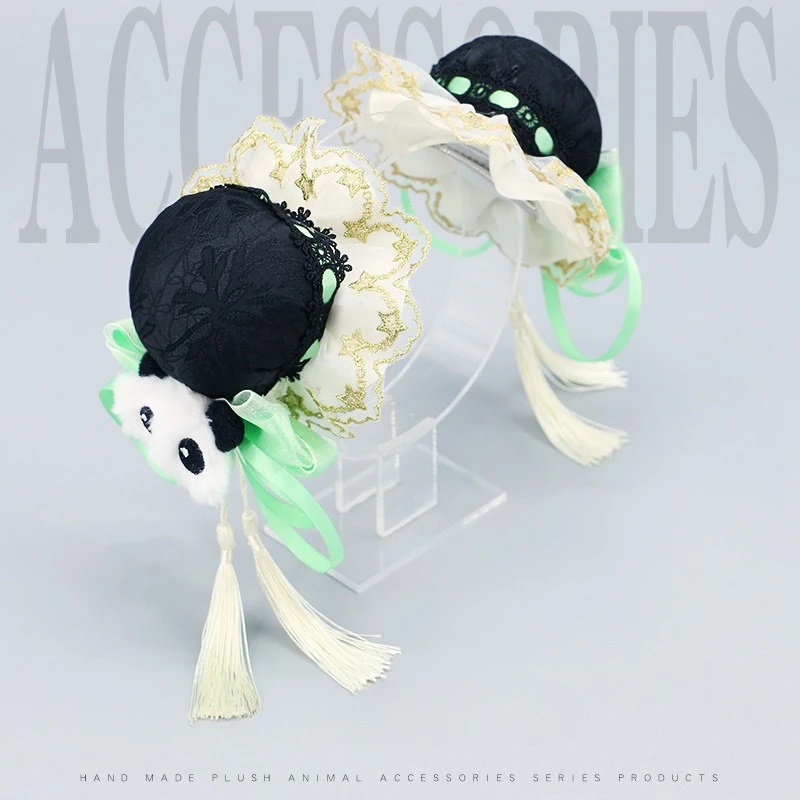 로리타 골동품 머리 장식 프린지 소녀 귀여운 볼 헤드 민족 스타일 쌍 팬더 롤빵 머리핀 헤어 액세서리