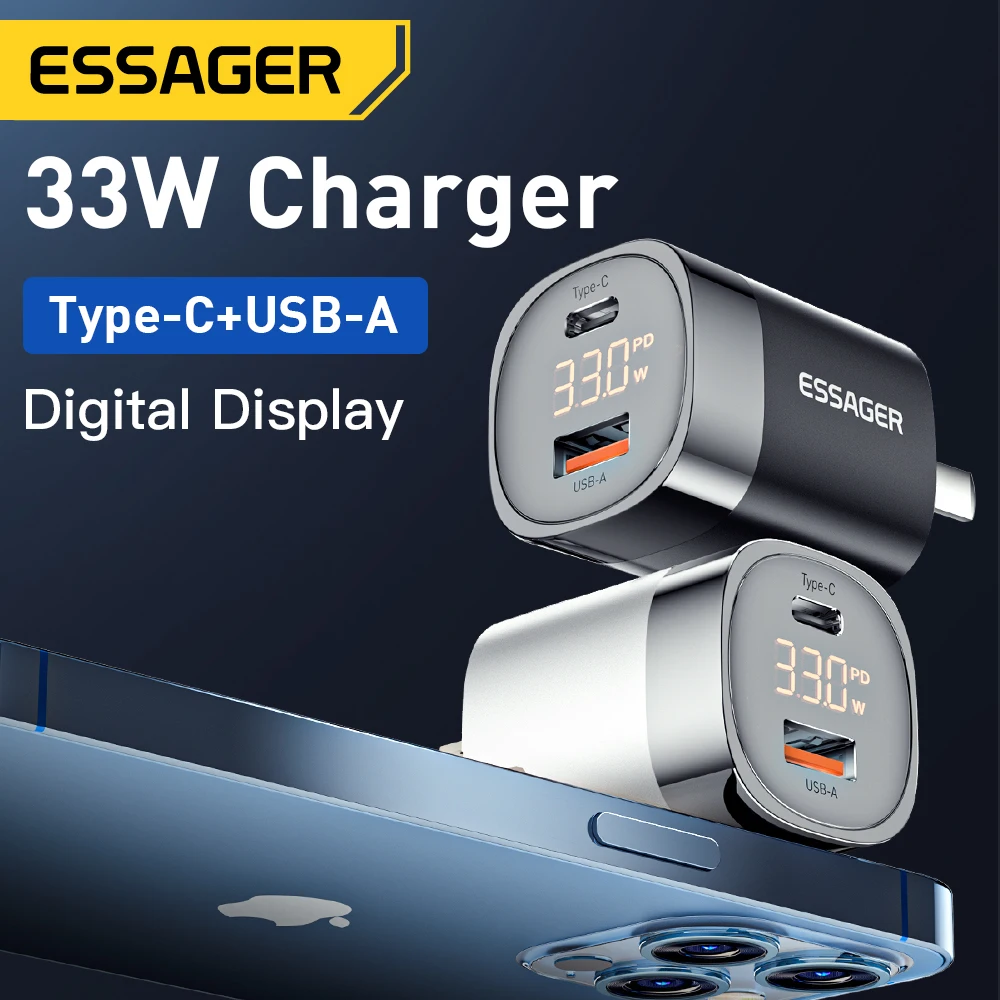 Essager 33W GaN Digital Display PD Fast Charging USB C For iPhone 15 14 Max Pro iPad Xiaomi Poco Samsung Portable Travel Charger