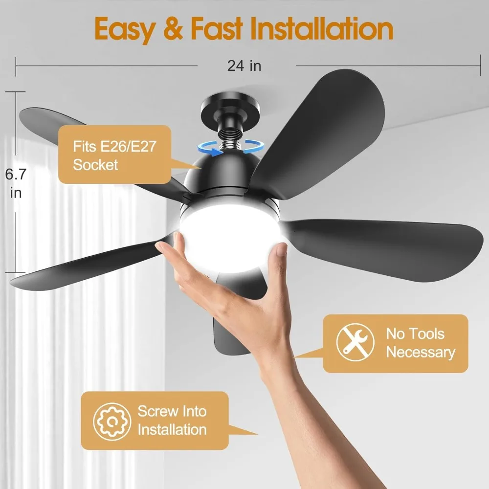 24'' Socket Fan Lights with Remote Control, 3-Color Dimmable LED, 4 Speeds, E26/E27 Bulb Compatible, 2000 Lumens