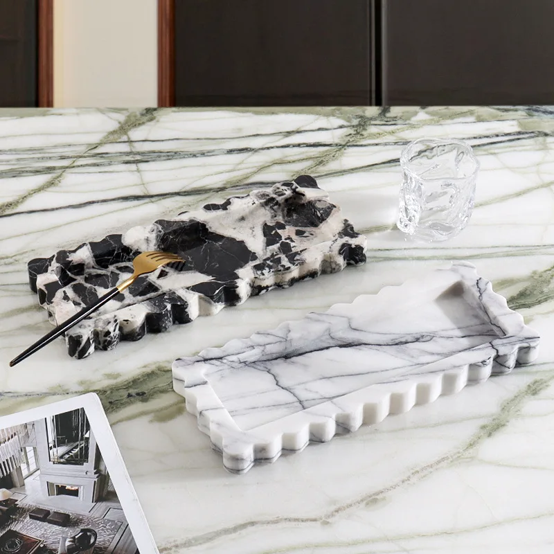

Natural Marble Rectangular Narrow Edged Scallop Tray Design Ornament Sample Room Home Desktop Fruit Snack Storage Tray Decorate