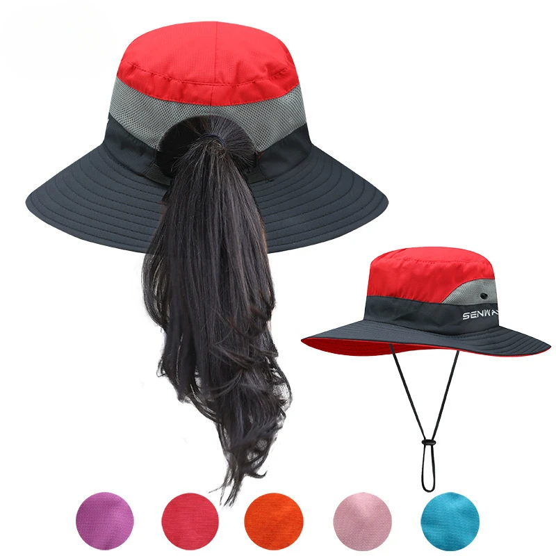 

Women's Girls' Bucket Caps Outdoor UV Protection Foldable Sun Hats Mesh Wide Brim Beach Fishing Hat with Ponytail-Hole