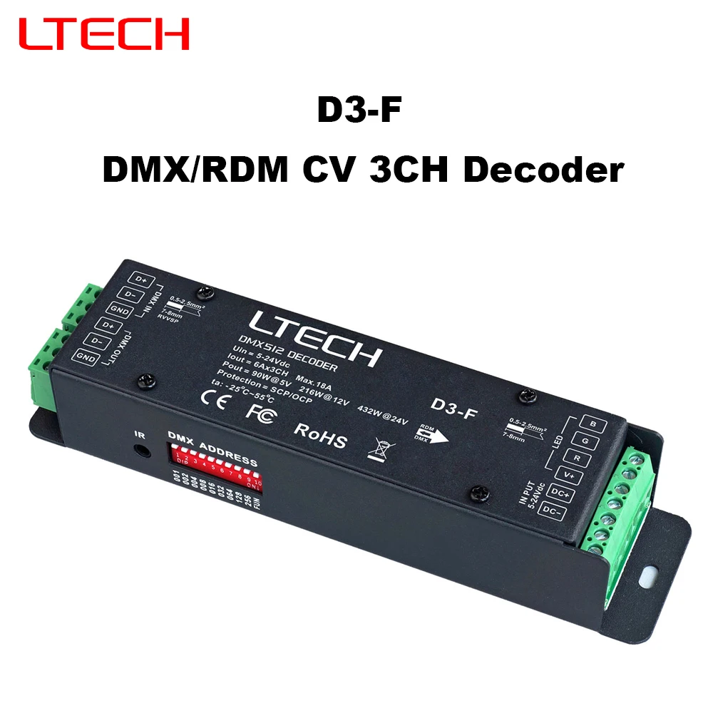

LTECH DMX/RDM CV 3CH Decoder D3-F DC5-24V 6A*3CH 3 Channel Max 18A Single color CCT RGB LED lamps Dimming