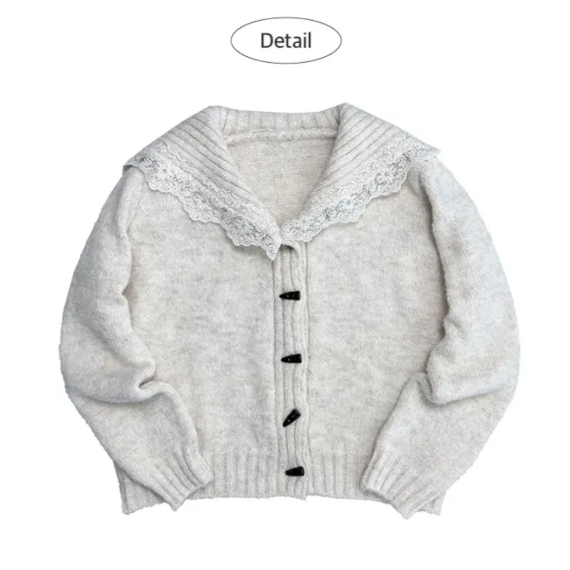 Suéter Cárdigan Abierto con Capucha y Ribete de Encaje para Mujer, Estilo Nuevo de Otoño Invierno, Color Puro, Botones, Ajust...