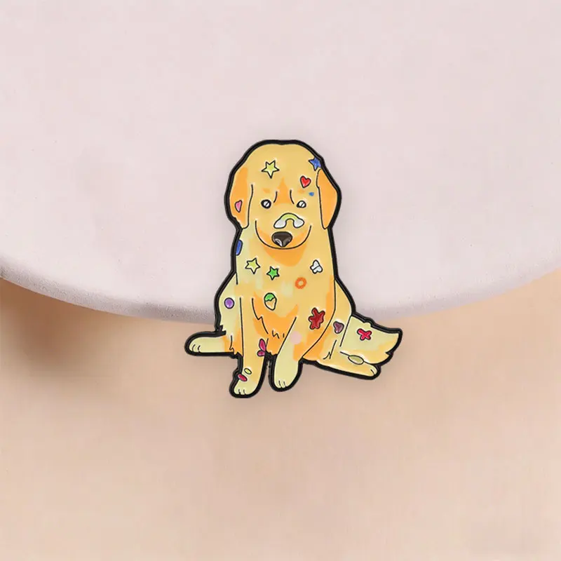 Sitting Golden Retriever Sticker Stars Hearts Bows Bones Enamel Pin Cute Pet Style for Dog Lovers Backpack Jacket