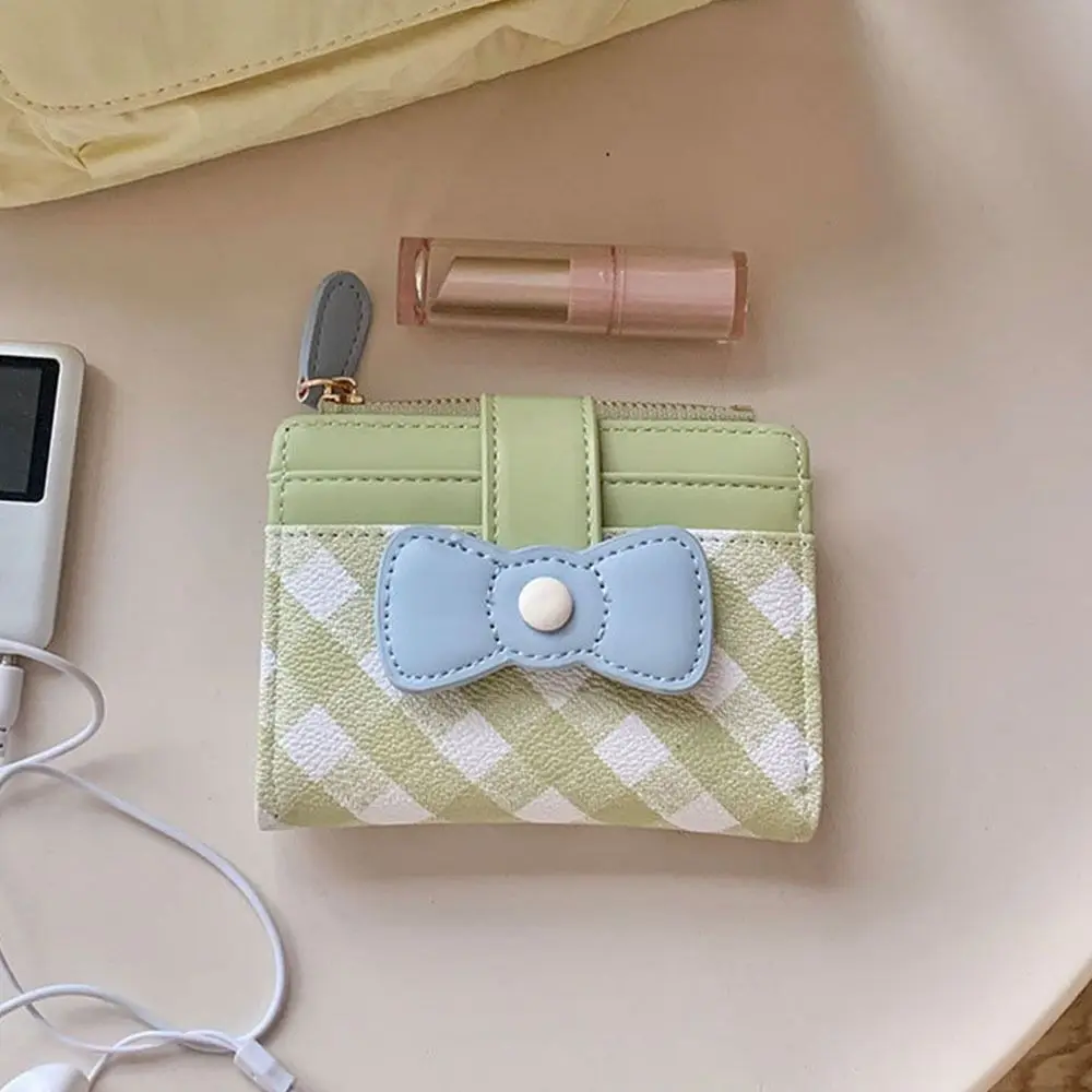 Portable Checkered Bow Wallet Multiple Card Slots Dopamine Card Bags Coin Purse Women Girls