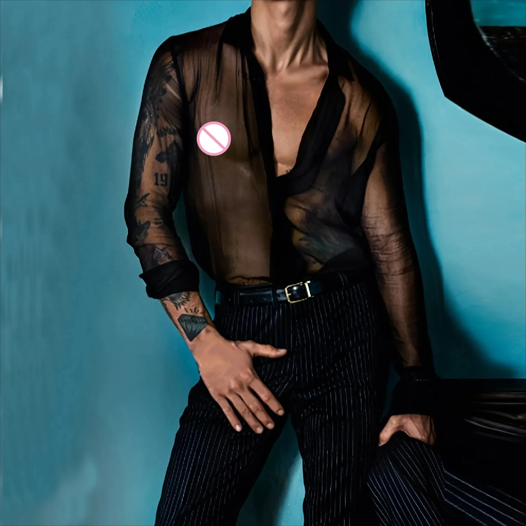 Men's Summer Black Thin Shirts Breathable Casual Top Night Show Wear Male Chemise Homme