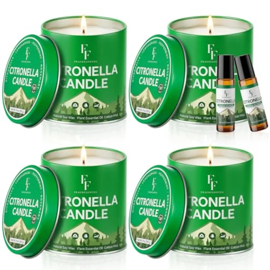 Citronella Candles Outdoor, Indoor Lemongrass Scented Candles with Citronella Essential Oil Roll On, Natural Soy Wax Jar Candle