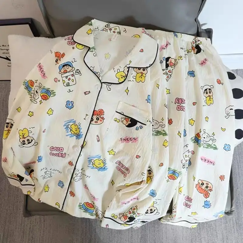 

New Anime Girl Gift Cute Cartoon Crayon Shin Chan Pajamas Kawaii Leisure Long Sleeved Student Thin Home Suit Set Birthday Gift