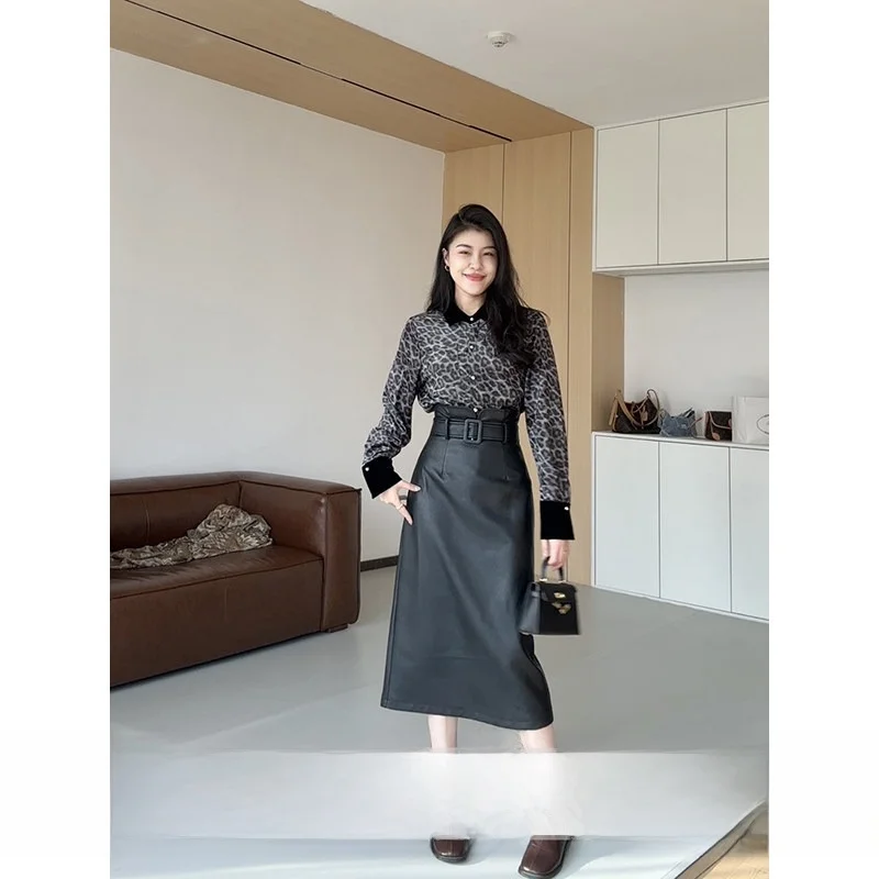 

Zhang a Xing Wild Girl Vintage Leopard Print Collar Color Blo irt High Waist Leather Skirt Faion Set for Women