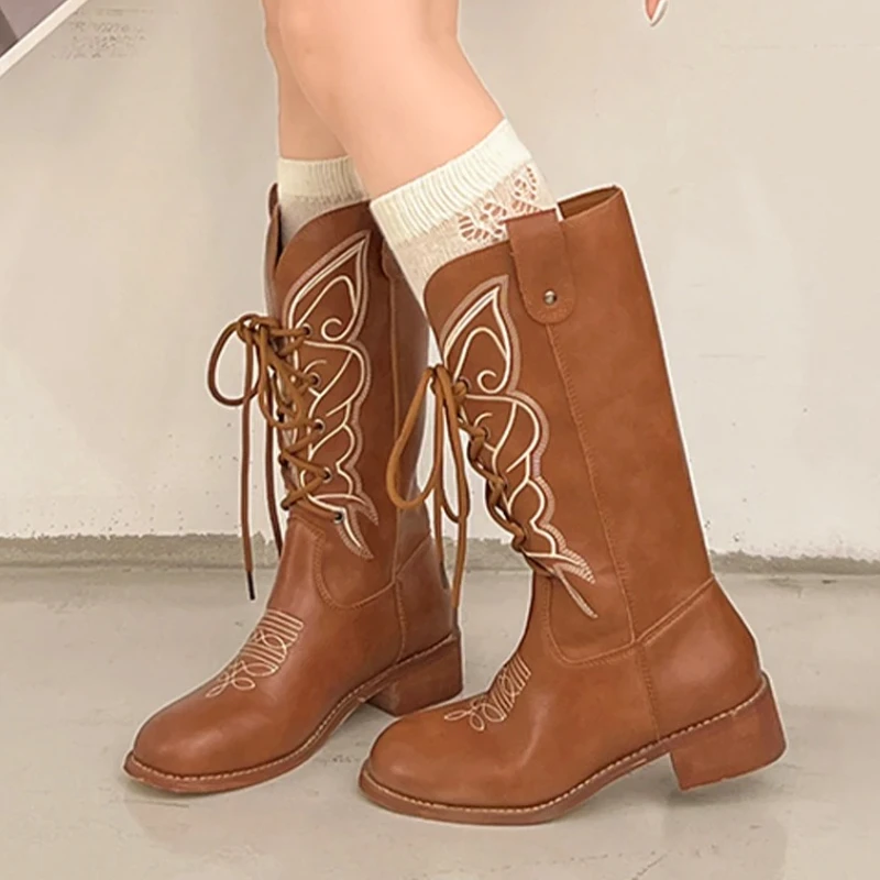 

Дизайнерские женские высокие сапоги на среднем каблуке, модная обувь на шнуровке, зимние ботинки челси 2024, новые кожаные туфли-лодочки, трендовые Mujer De Botas