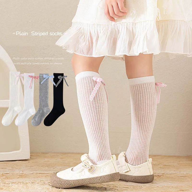 Children Long Socks RAISE 1/4Pairs/lot Kids Princess Socks Plaid Bow 3-15Yrs Kids Girls Socks Junior Girls Ribbed Socks JK Socks