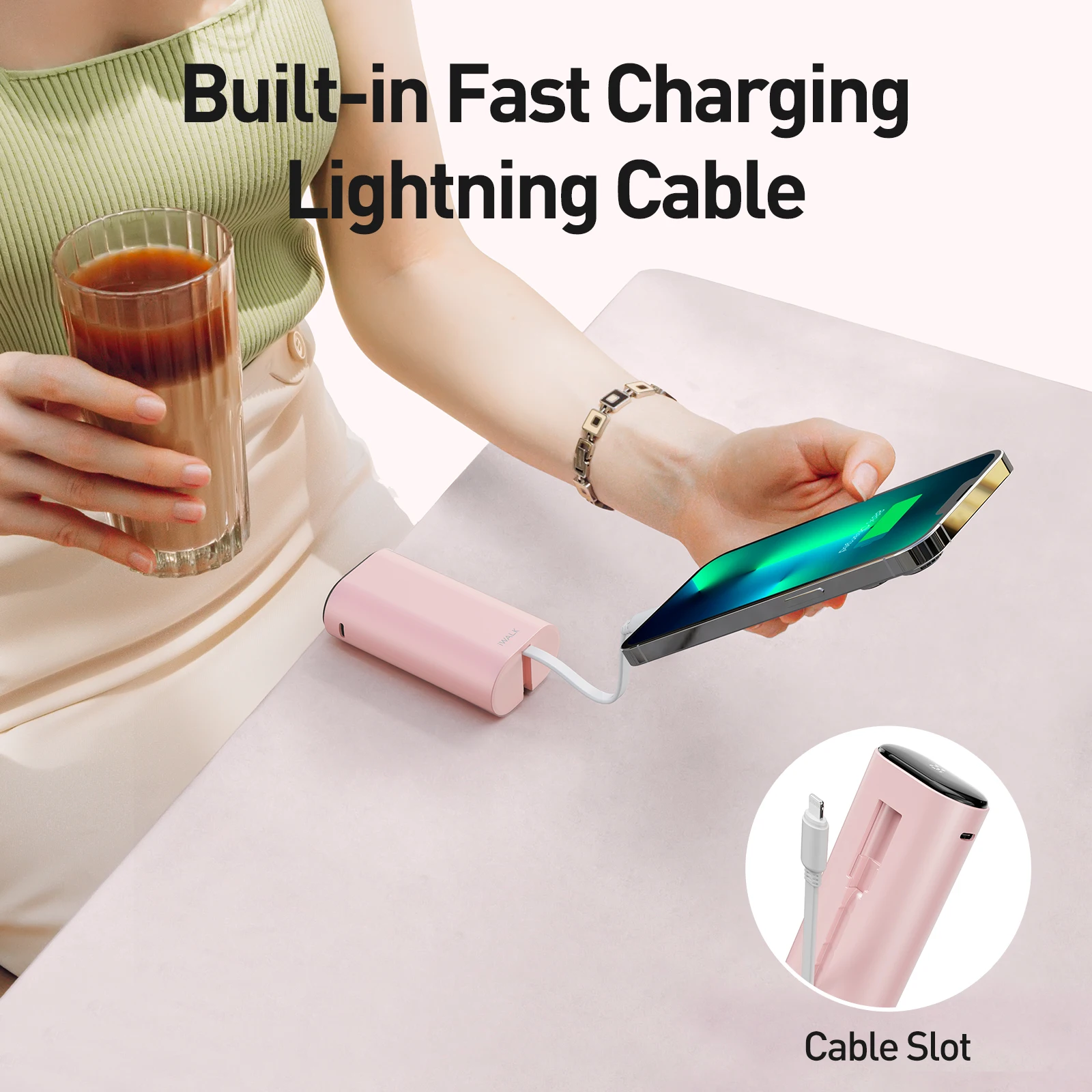 IWALK large capacity fast charging power bank with built-in cable 9600mAh portable power bank suitable for iPhone Lightning