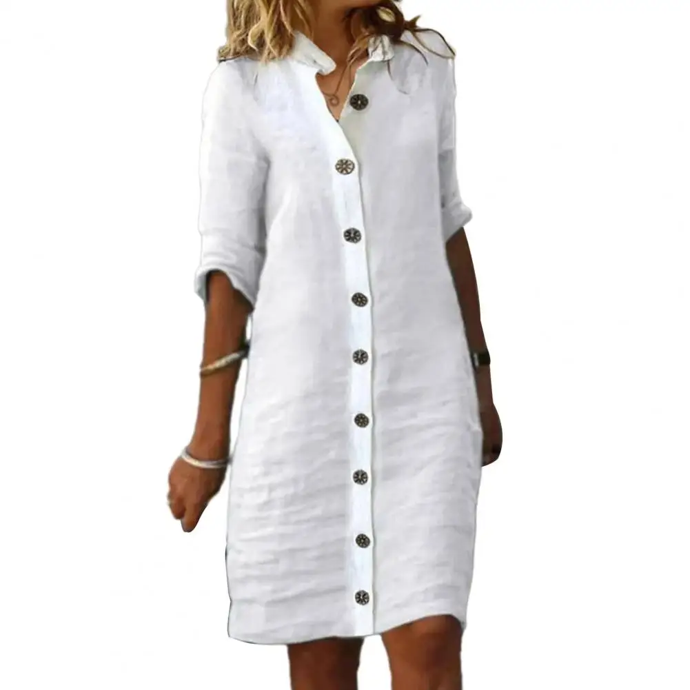 Elegant Women's Dresses 2023 Spring/Summer Cotton Hemp Short Sleeve Medium Length V-Neck Dress Lady Robe S-5XL