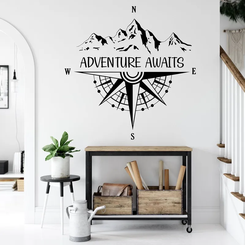 

Виниловая наклейка на стену Adventure Awaits, горный дорожный компас с компасом, автомобильный настенный декор для автофургона, домашний декор, морская наклейка для приключений, подарок Z4