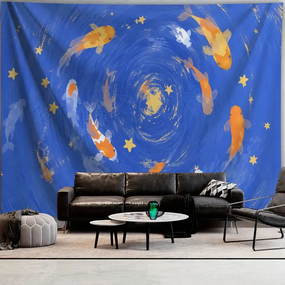 Koi Fish Spiral Water Ripple Tapestry Blue Water Surface Wall Hanging Orange Gold Carp Art Aesthetic Bedroom Dorm Home Decor