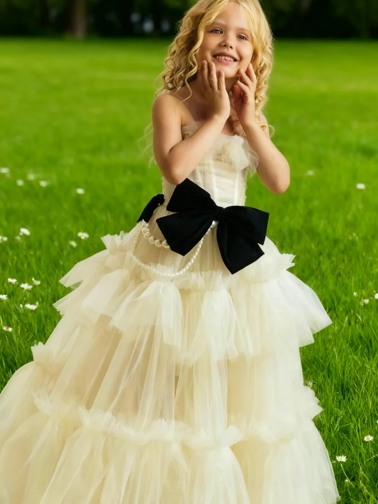 Custom Flower Girl Dress Fluffy Beaded Tulle Skirt with Bow for Wedding Children's Birthday Parties First Communion Girls Outfit